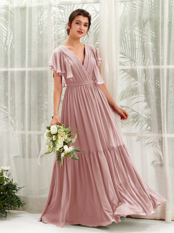 Carlyna Robe trapèze col V manches papillon longueur ras du sol demoiselle d&