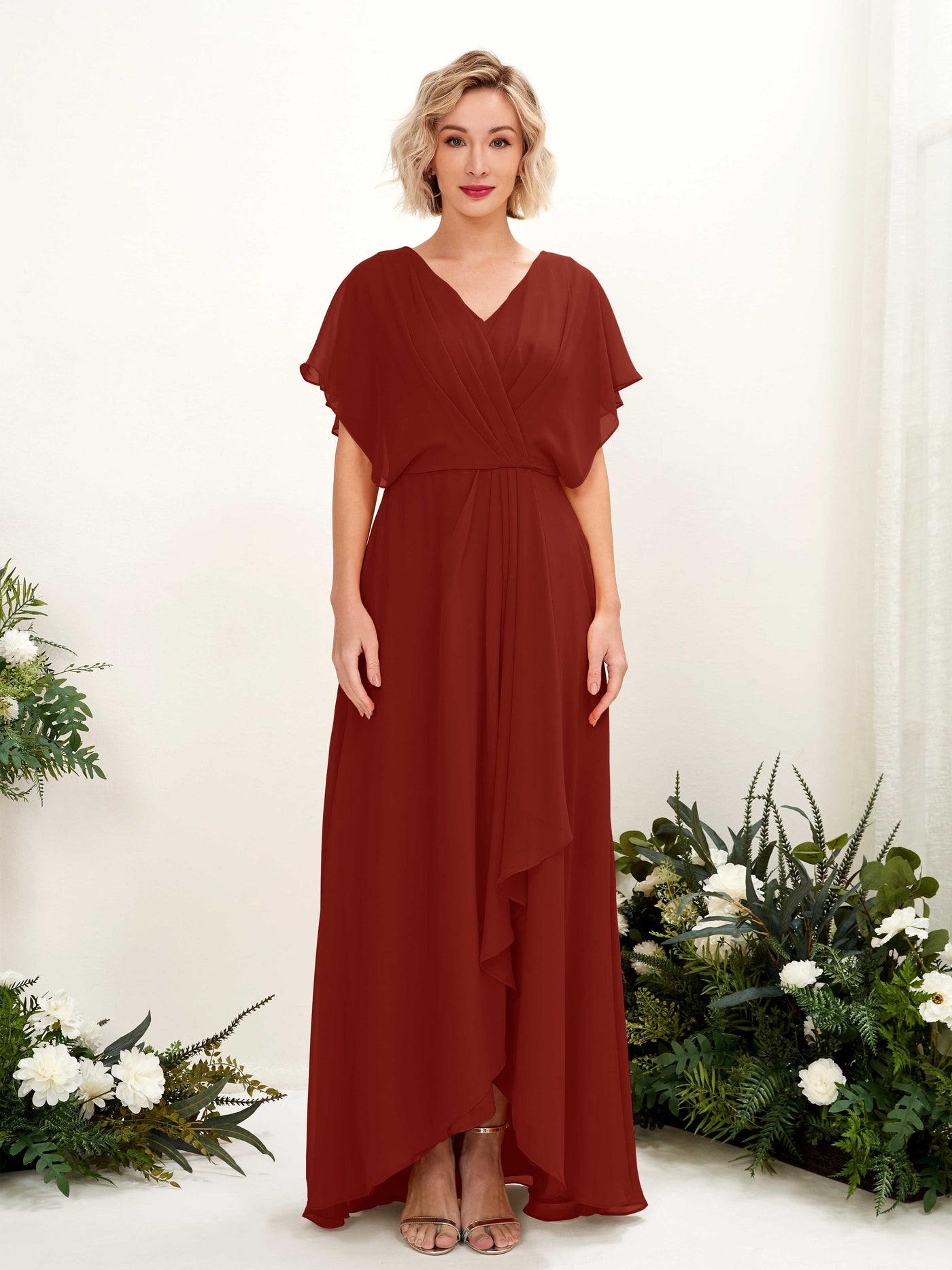 Carlyna Robe Trapèze Col V Manches papillon Longueur ras du sol Demoiselle d'honneur Rouille #couleur_rouille