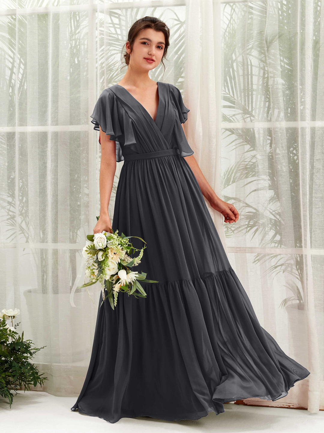 Carlyna Robe trapèze col V manches papillon longueur ras du sol demoiselle d&