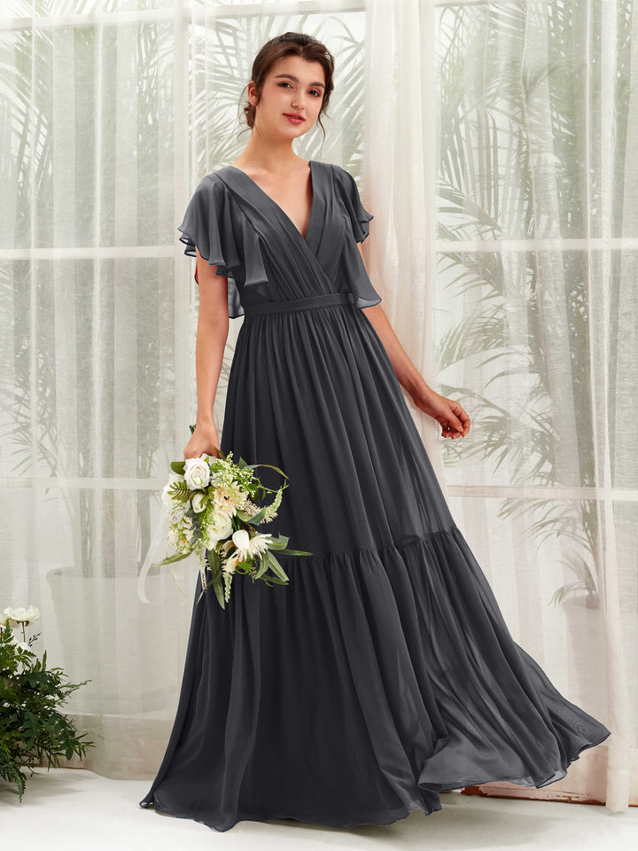 Carlyna Robe trapèze col V manches papillon longueur ras du sol demoiselle d&