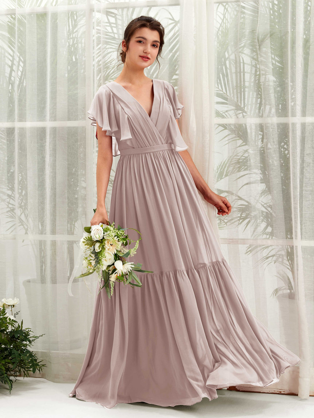 Carlyna Robe trapèze col V manches papillon longueur ras du sol demoiselle d&
