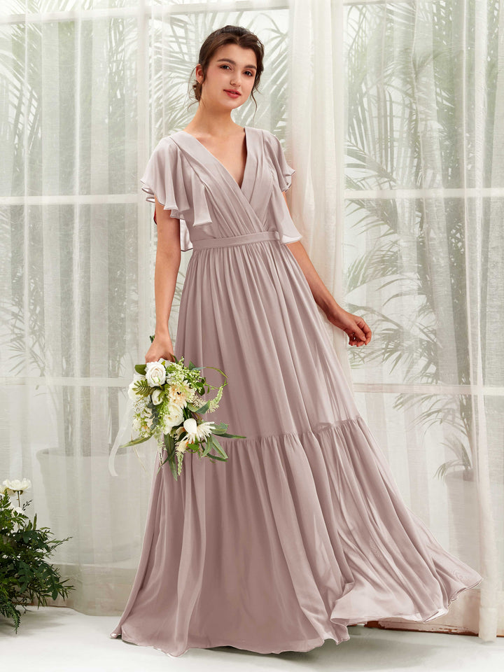 Carlyna Robe trapèze col V manches papillon longueur ras du sol demoiselle d&