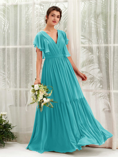 Carlyna Robe trapèze col V manches papillon longueur ras du sol demoiselle d'honneur Turquoise #couleur_turquoise