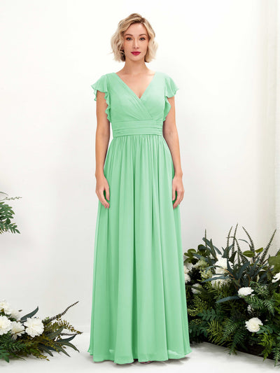 Carlyna Robe Trapèze Col V Manches papillon Longueur ras du sol Demoiselle d'honneur Vert Menthe #couleur_vert-menthe