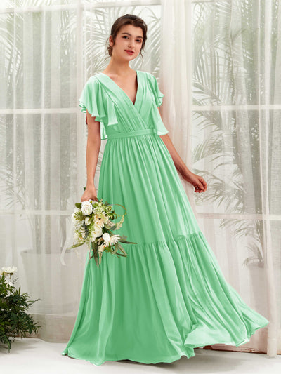 Carlyna Robe trapèze col V manches papillon longueur ras du sol demoiselle d'honneur Vert Menthe #couleur_vert-menthe