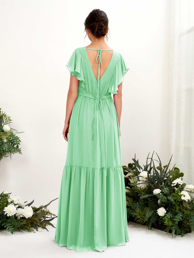 Carlyna Robe trapèze col V manches papillon longueur ras du sol demoiselle d'honneur Vert Menthe #couleur_vert-menthe