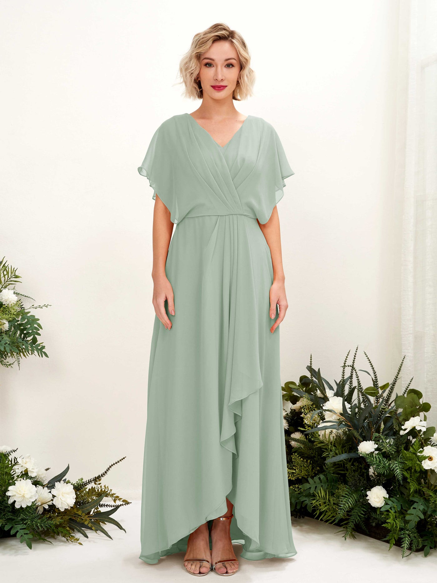 Carlyna Robe Trapèze Col V Manches papillon Longueur ras du sol Demoiselle d'honneur Vert Sauge Foncé #couleur_vert-sauge-fonc