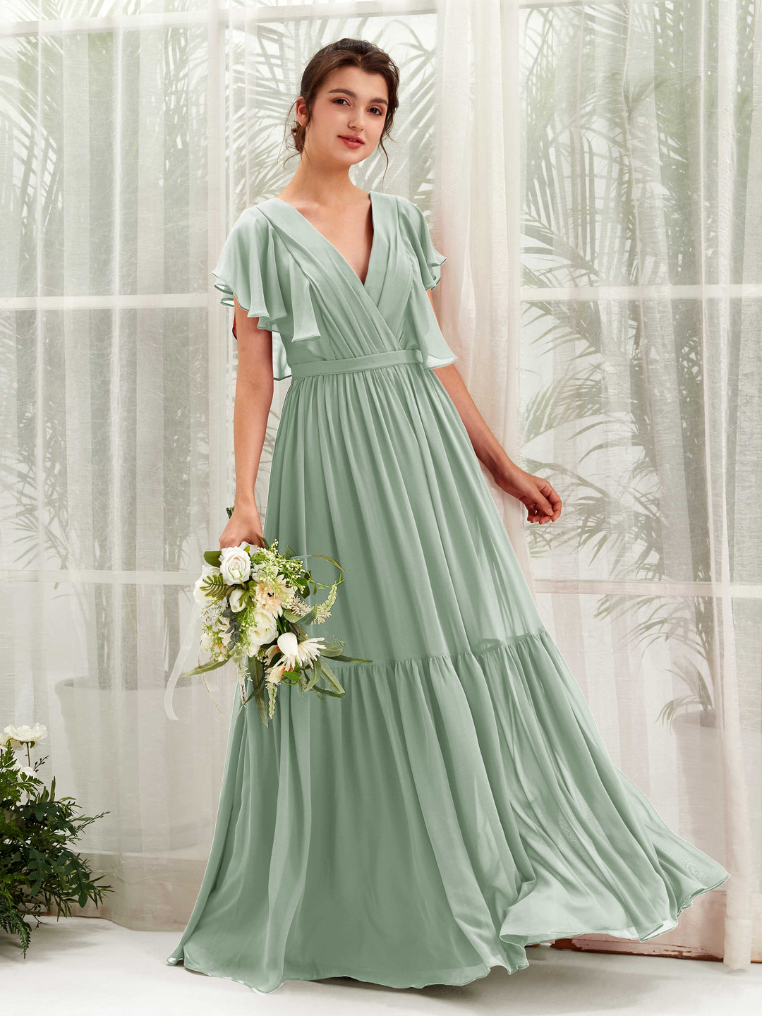 Carlyna Robe trapèze col V manches papillon longueur ras du sol demoiselle d&