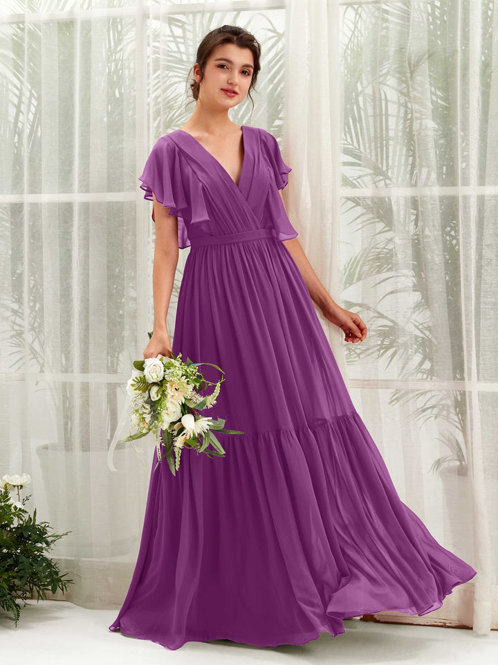 Carlyna Robe trapèze col V manches papillon longueur ras du sol demoiselle d&