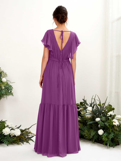 Carlyna Robe trapèze col V manches papillon longueur ras du sol demoiselle d'honneur Violet #couleur_violet