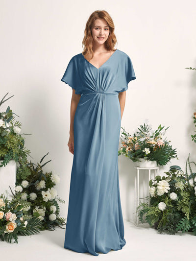 Carlyna Robe trapèze col V manches papillon robe de demoiselle d'honneur longueur ras du sol Bleu Encre #couleur_bleu-encre