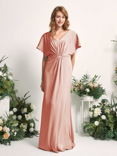 Carlyna Robe trapèze col V manches papillon robe de demoiselle d'honneur longueur ras du sol Cantaloup #couleur_cantaloup