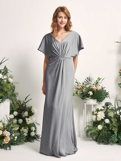 Carlyna Robe trapèze col V manches papillon robe de demoiselle d'honneur longueur ras du sol Gris Acier #couleur_gris-acier