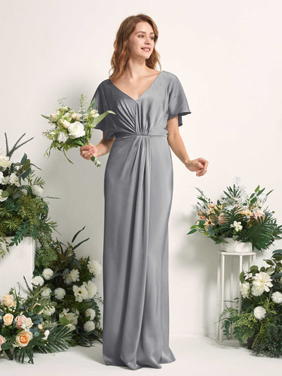 Carlyna Robe trapèze col V manches papillon robe de demoiselle d'honneur longueur ras du sol Gris Acier #couleur_gris-acier