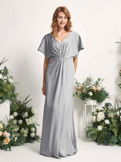 Carlyna Robe trapèze col V manches papillon robe de demoiselle d'honneur longueur ras du sol Gris Boussole #couleur_gris-boussole