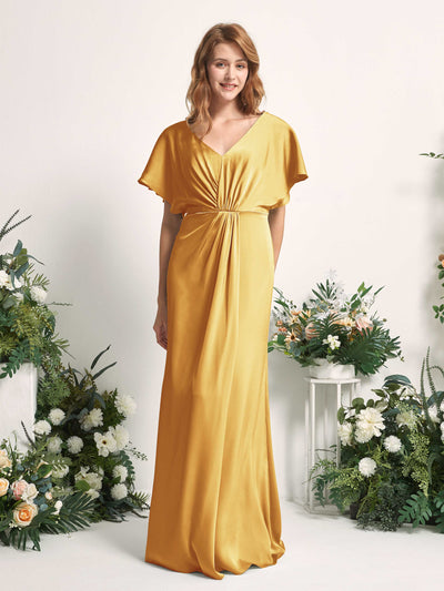 Carlyna Robe trapèze col V manches papillon robe de demoiselle d'honneur longueur ras du sol Jaune Canari #couleur_jaune-canari