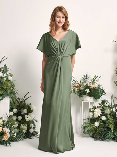 Carlyna Robe trapèze col V manches papillon robe de demoiselle d'honneur longueur ras du sol Olive #couleur_olive