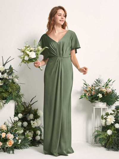 Carlyna Robe trapèze col V manches papillon robe de demoiselle d'honneur longueur ras du sol Olive #couleur_olive