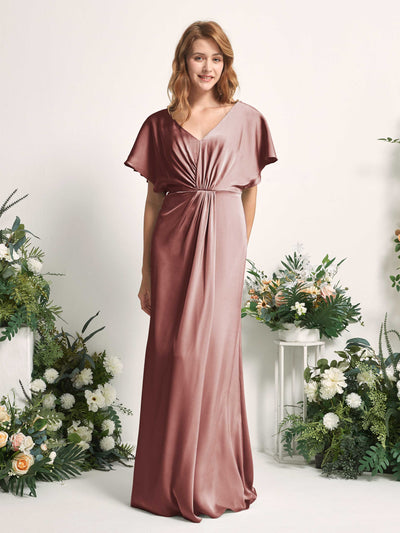 Carlyna Robe trapèze col V manches papillon robe de demoiselle d'honneur longueur ras du sol Rose Du Désert #couleur_rose-du-d-sert
