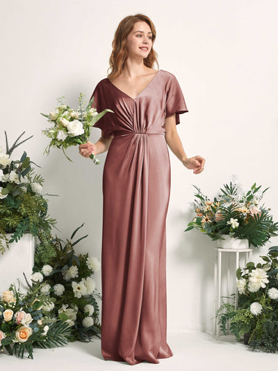 Carlyna Robe trapèze col V manches papillon robe de demoiselle d'honneur longueur ras du sol Rose Du Désert #couleur_rose-du-d-sert
