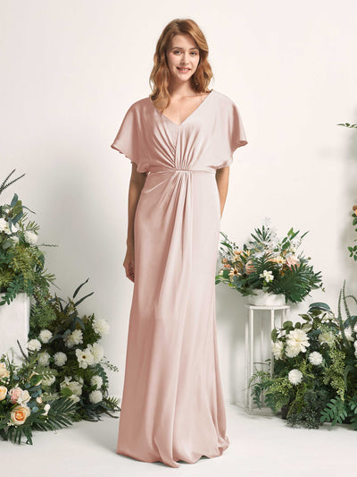 Carlyna Robe trapèze col V manches papillon robe de demoiselle d'honneur longueur ras du sol Rose Perle #couleur_rose-perle