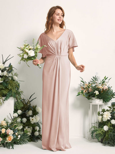 Carlyna Robe trapèze col V manches papillon robe de demoiselle d'honneur longueur ras du sol Rose Perle #couleur_rose-perle