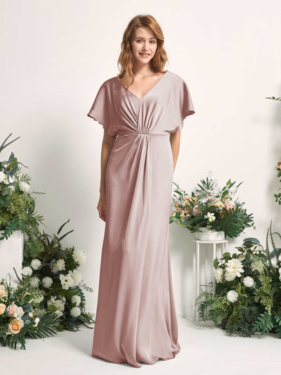 Carlyna Robe trapèze col V manches papillon robe de demoiselle d'honneur longueur ras du sol Rose Poussiéreux #couleur_rose-poussi-reux