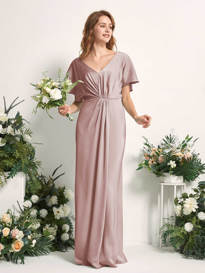 Carlyna Robe trapèze col V manches papillon robe de demoiselle d'honneur longueur ras du sol Rose Poussiéreux #couleur_rose-poussi-reux