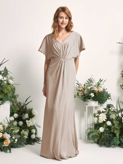 Carlyna Robe trapèze col V manches papillon robe de demoiselle d'honneur longueur ras du sol Taupe #couleur_taupe