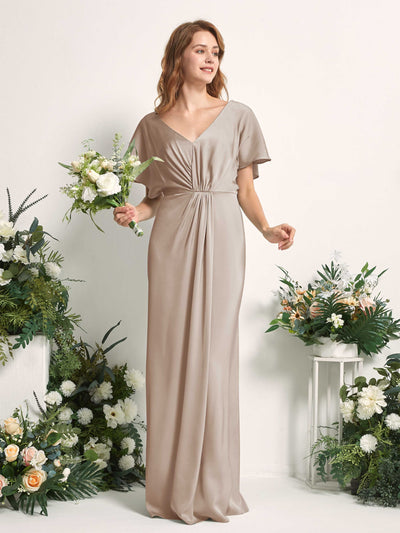 Carlyna Robe trapèze col V manches papillon robe de demoiselle d'honneur longueur ras du sol Taupe #couleur_taupe