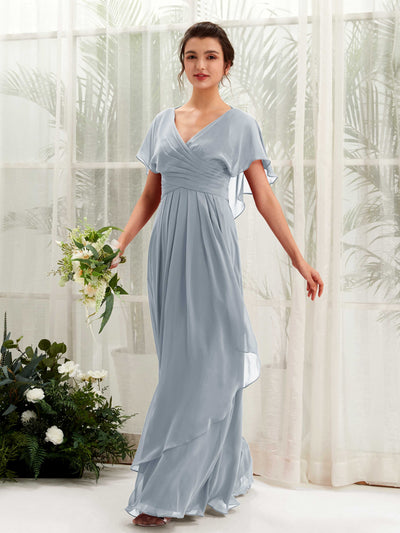 Carlyna Robe trapèze col V manches papillon robes de demoiselle d'honneur Bleu Poussiéreux Amélioré #couleur_bleu-poussi-reux-am-lior