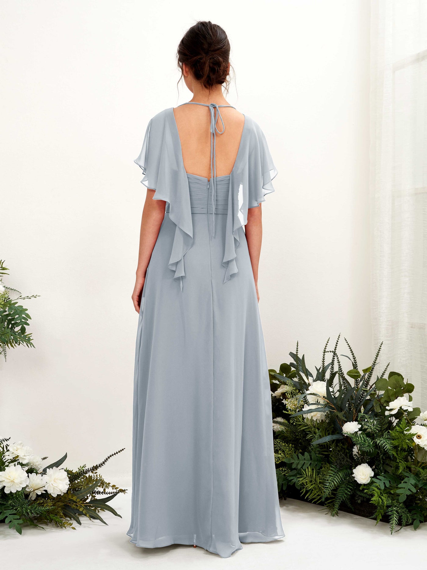 Carlyna Robe trapèze col V manches papillon robes de demoiselle d'honneur Bleu Poussiéreux Amélioré #couleur_bleu-poussi-reux-am-lior