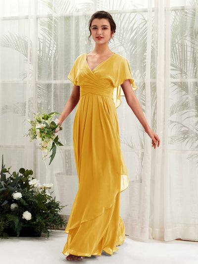 Carlyna Robe trapèze col V manches papillon robes de demoiselle d'honneur Jaune Moutard #couleur_jaune-moutard