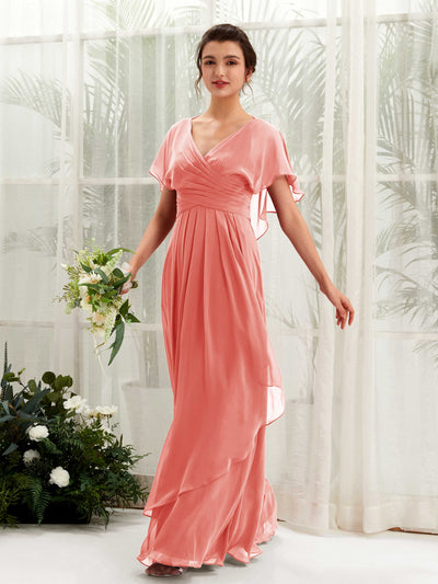 Carlyna Robe trapèze col V manches papillon robes de demoiselle d'honneur Rose Pêche #couleur_rose-p-che