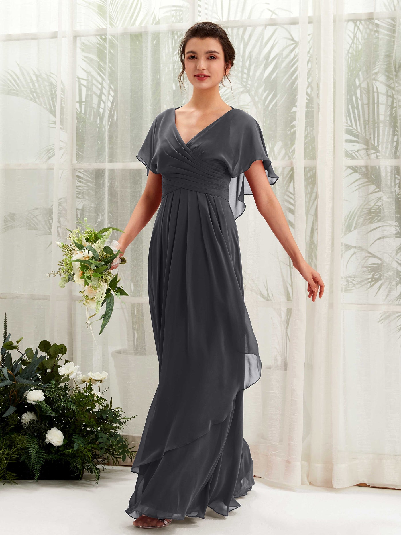 Carlyna Robe trapèze col V manches papillon robes de demoiselle d'honneur Étain #couleur_tain