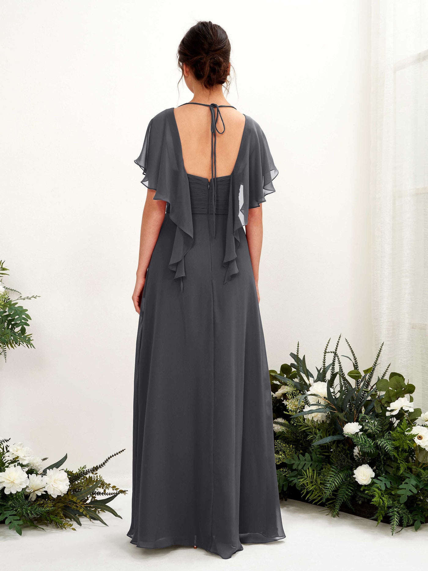 Carlyna Robe trapèze col V manches papillon robes de demoiselle d'honneur Étain #couleur_tain