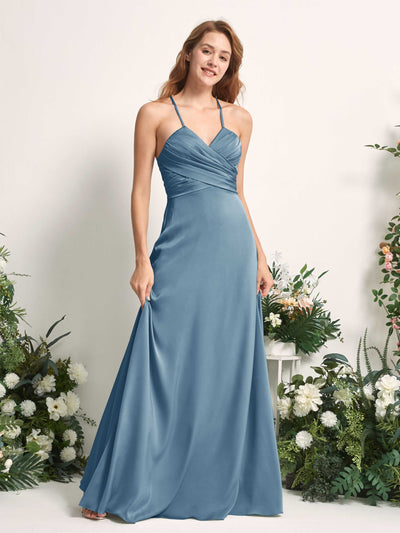 Carlyna Robe trapèze col V satin demoiselle d'honneur Bleu Encre #couleur_bleu-encre