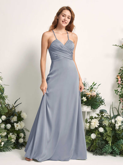 Carlyna Robe trapèze col V satin demoiselle d'honneur Bleu Poussiéreux #couleur_bleu-poussi-reux