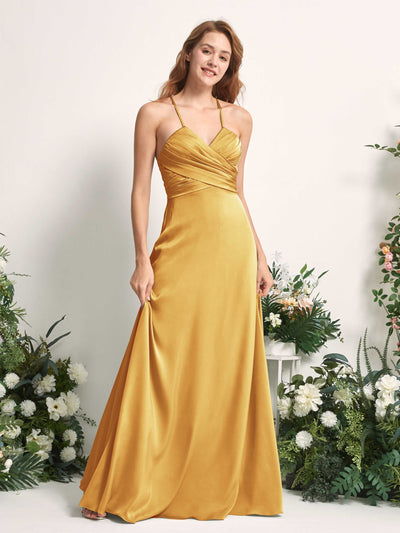 Carlyna Robe trapèze col V satin demoiselle d'honneur Jaune Canari #couleur_jaune-canari