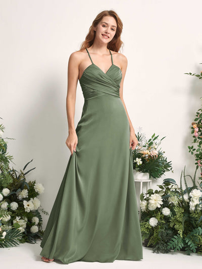 Carlyna Robe trapèze col V satin demoiselle d'honneur Olive #couleur_olive