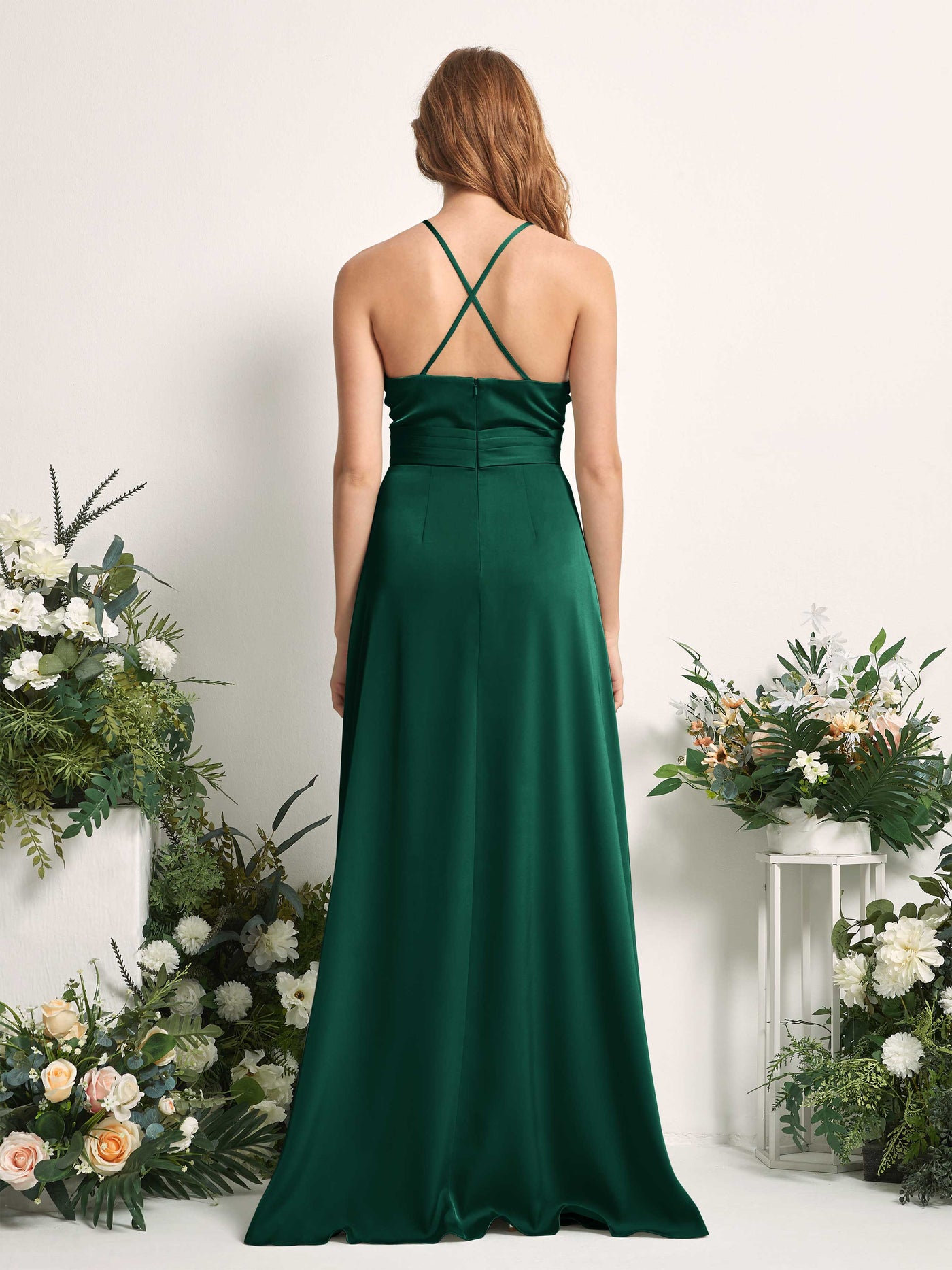 Carlyna Robe trapèze col V satin demoiselle d'honneur Vert Chasseur #couleur_vert-chasseur