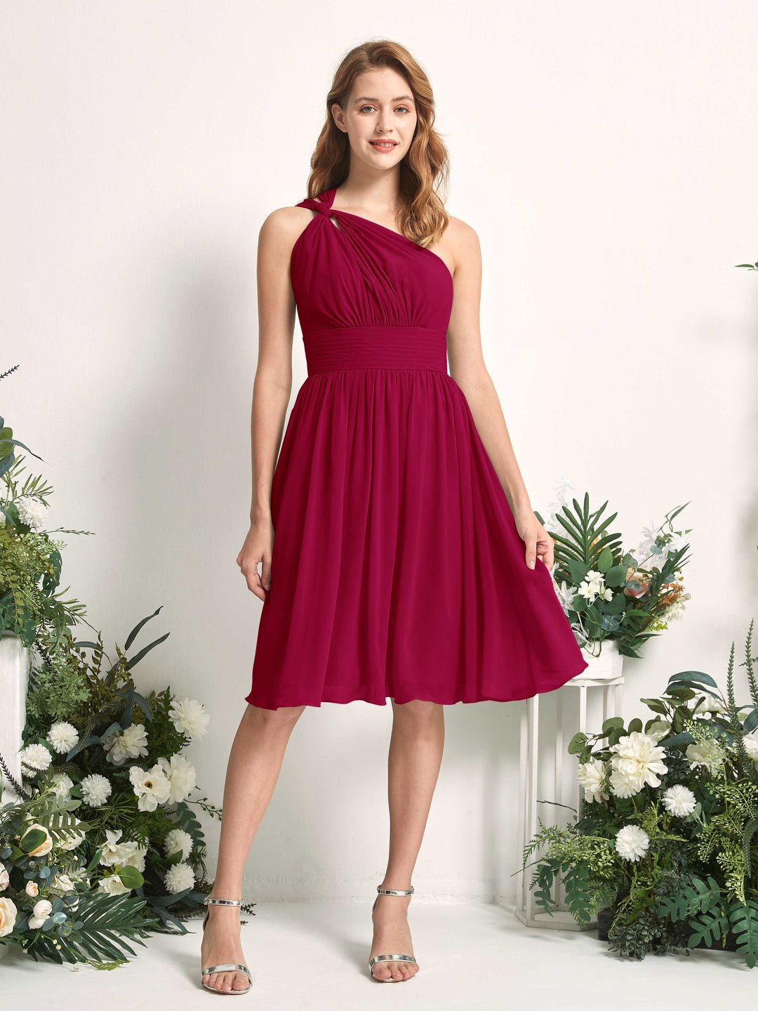 Carlyna Robe trapèze décolleté asymétrique longueur genou froncée en mousseline demoiselle d&