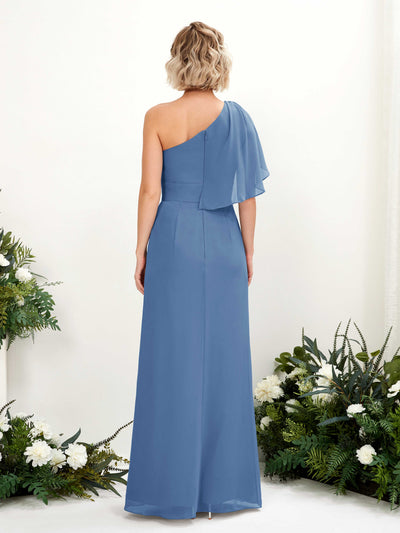 Carlyna Robe Trapèze Décolleté Asymétrique Longueur ras du sol Demoiselle d'honneur Bleu Poussiéreux #couleur_bleu-poussi-reux