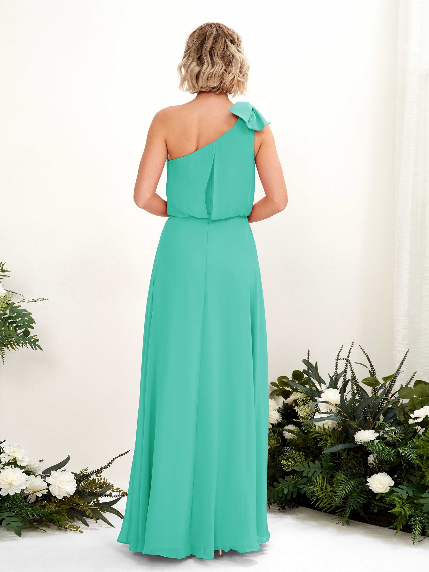 Carlyna Robe trapèze décolleté asymétrique longueur ras du sol demoiselle d'honneur Bleu Tiffany #couleur_bleu-tiffany
