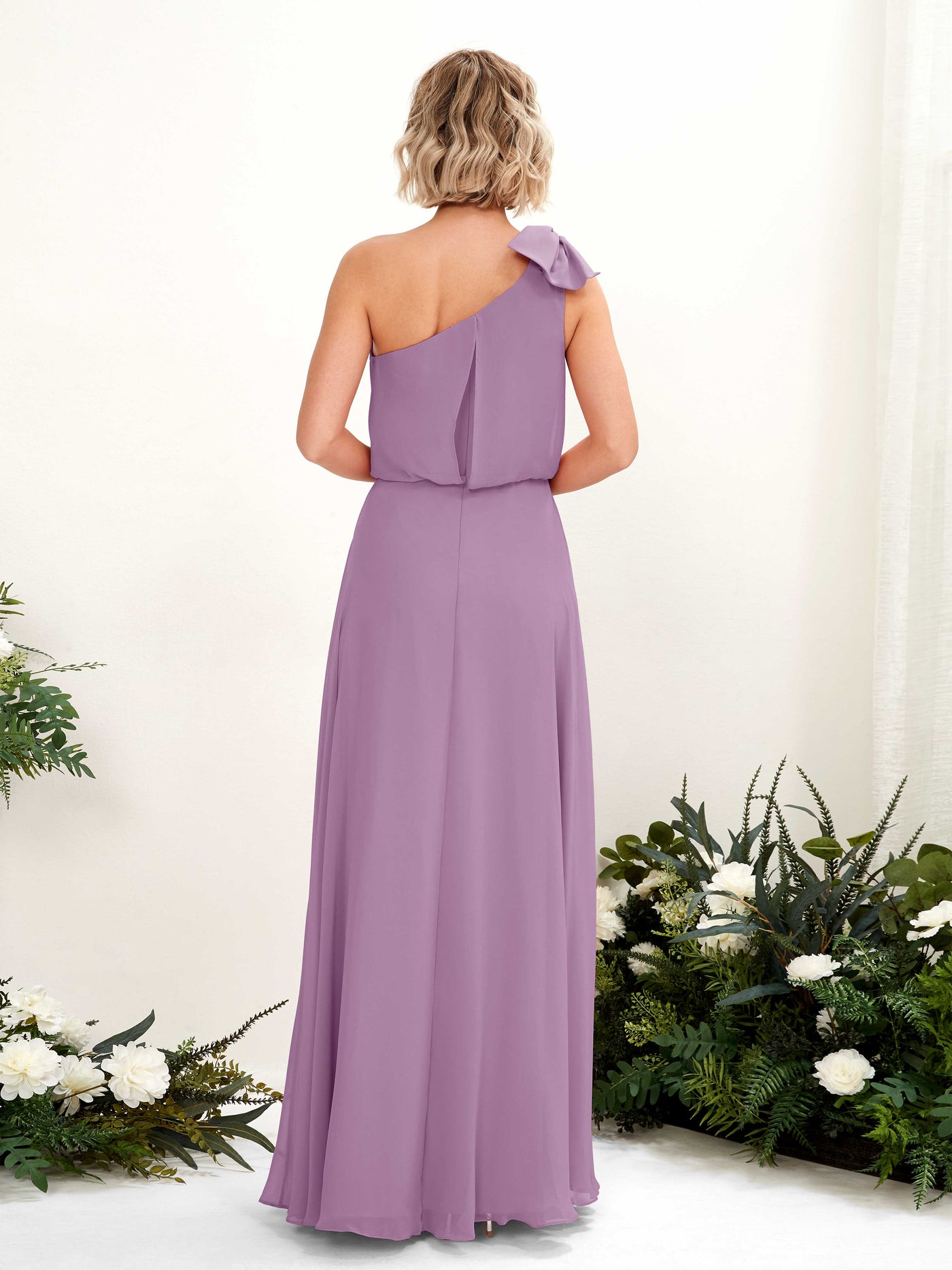 Carlyna Robe trapèze décolleté asymétrique longueur ras du sol demoiselle d'honneur Brume Orchidée #couleur_brume-orchid-e