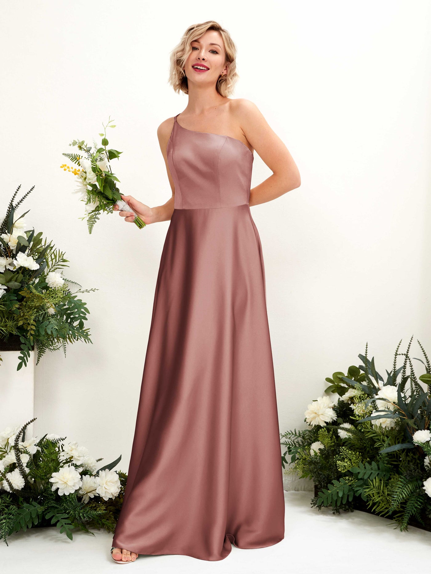 Carlyna Robe Trapèze Décolleté Asymétrique Longueur Ras du Sol Demoiselle d'Honneur Rose Du Désert #couleur_rose-du-d-sert