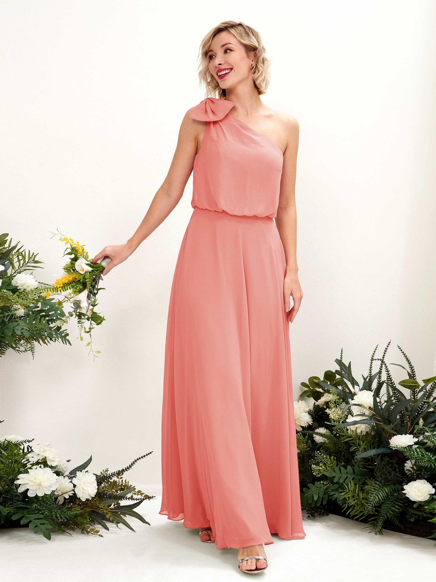 Carlyna Robe trapèze décolleté asymétrique longueur ras du sol demoiselle d'honneur Rose Pêche #couleur_rose-p-che