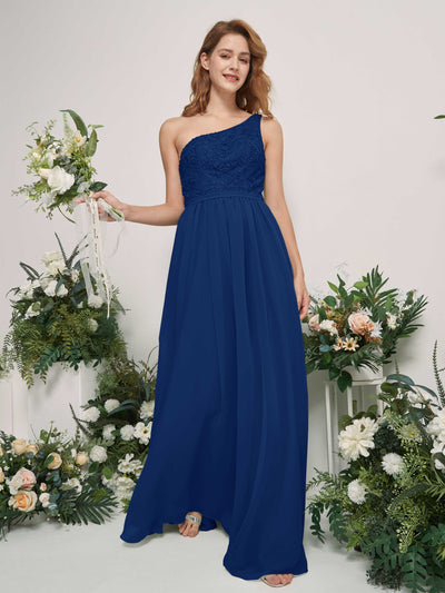 Carlyna Robe trapèze Décolleté asymétrique Longueur ras du sol Mousseline demoiselle d'honneur Bleu Roi #couleur_bleu-roi