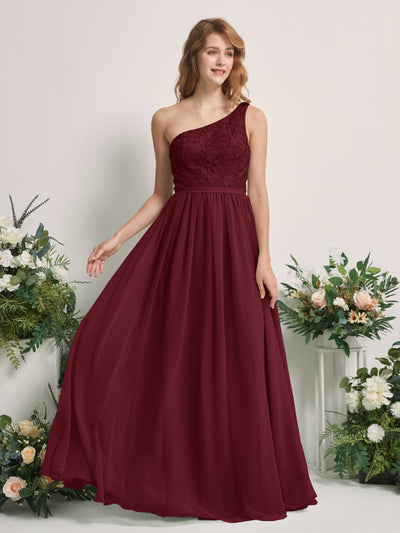 Carlyna Robe trapèze Décolleté asymétrique Longueur ras du sol Mousseline demoiselle d'honneur Bordeaux #couleur_bordeaux