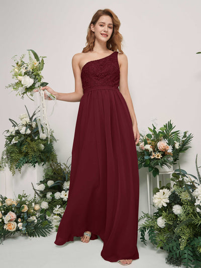 Carlyna Robe trapèze Décolleté asymétrique Longueur ras du sol Mousseline demoiselle d'honneur Bordeaux #couleur_bordeaux